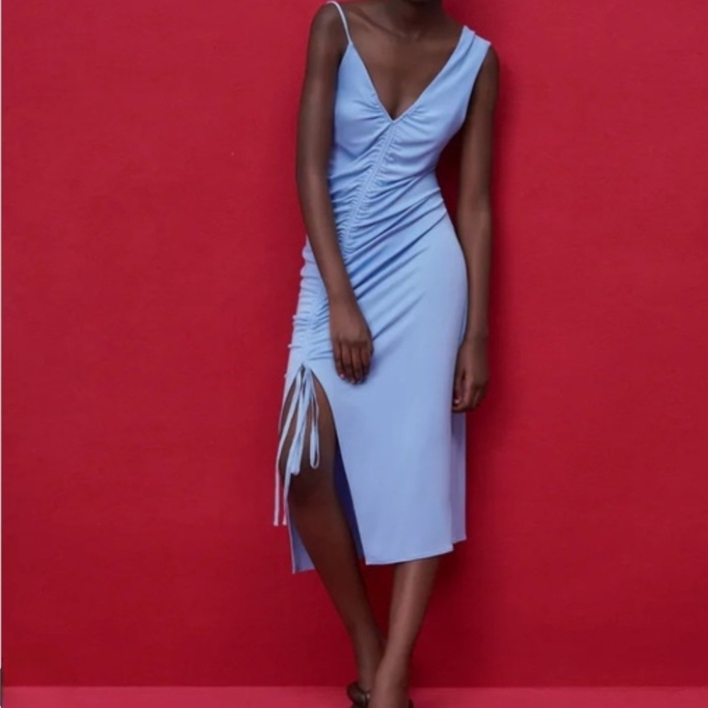 Zara Blue Asymmetrical Ruched Cocktail Dress